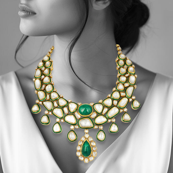 Polki Necklace with Green Meena and Emerald Cabochons